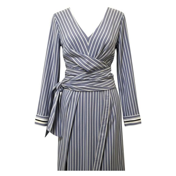 WHBM Blue & White Striped Poplin Twist Front Midi Shirt Dress Sz 10 Preppy - Picture 7 of 11